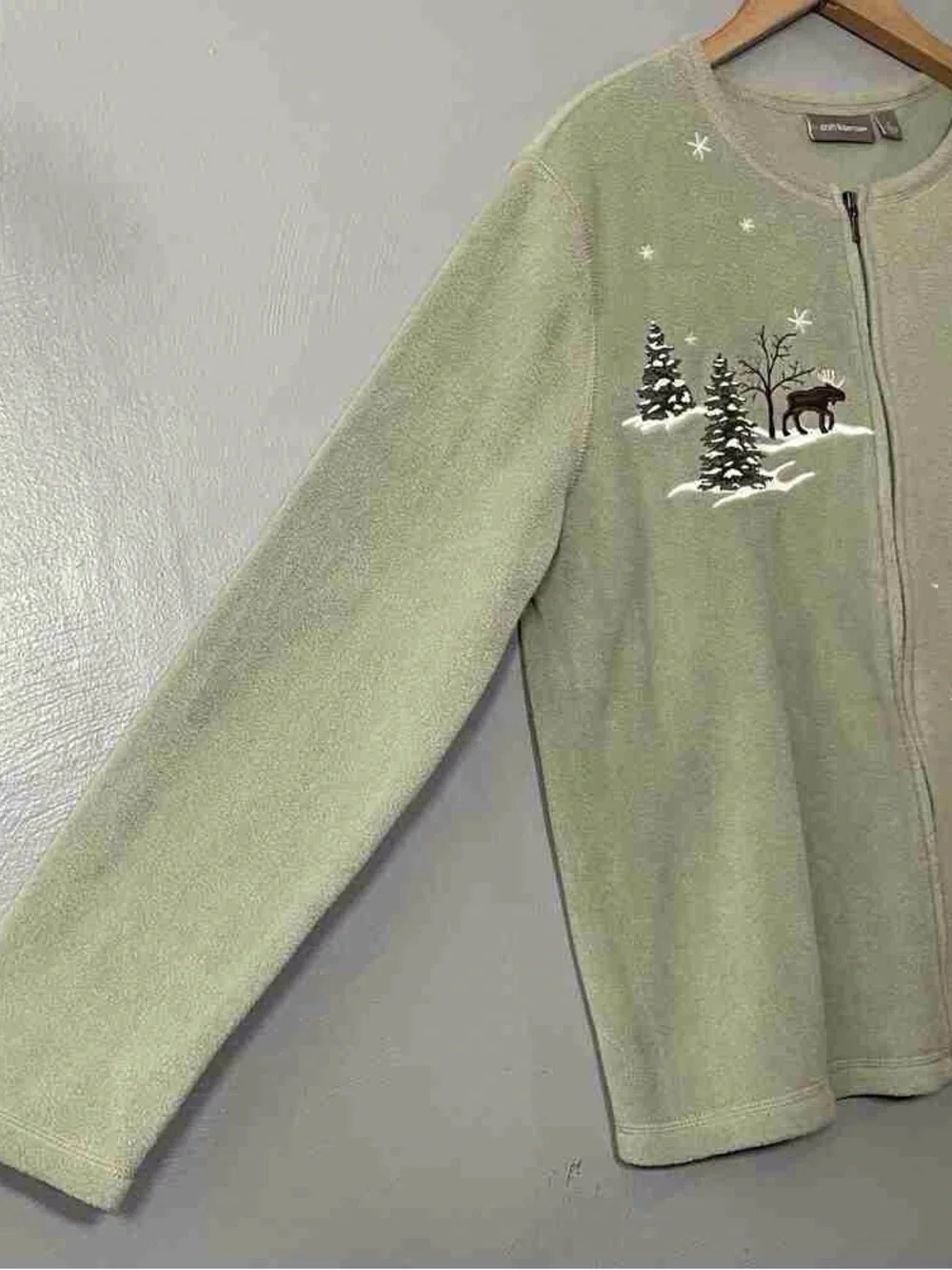 L.L. Bean Sage Green Zip Front Holiday Embroidered Cardigan